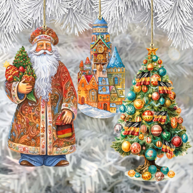 The Holiday Aisle® 3 Piece German-Inspired Santa Wooden Ornaments